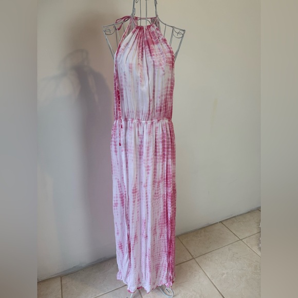 Elan Dresses & Skirts - Elan Pink Tie Dye Halter Maxi Dress Size Large Boho Summer slits rayon